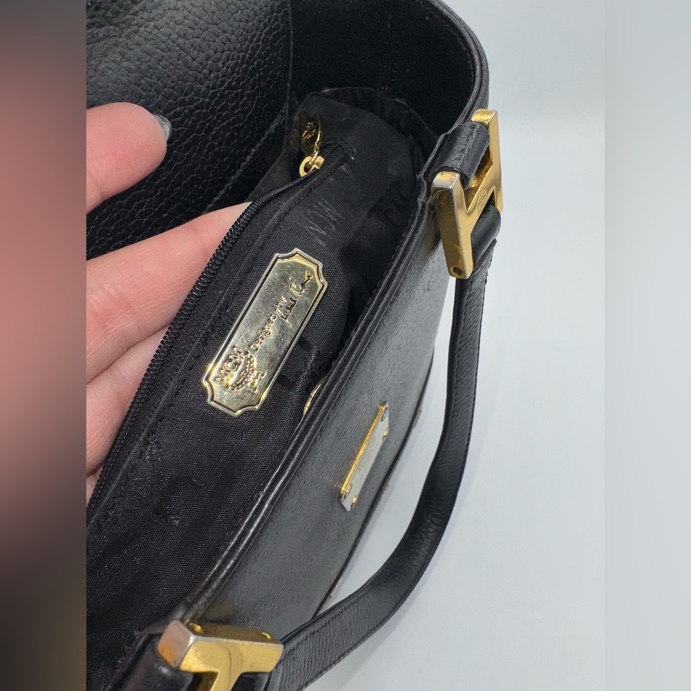 MCM Vintage Black Leather Flap Studded Bucket Bag - Picture 2 of 12
